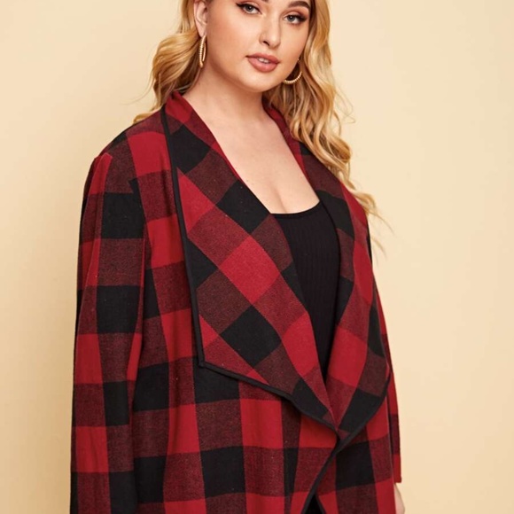 PLUS buffalo plaid open front trench pea coat fall - Picture 4 of 4